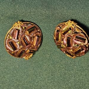 Vintage Beaded Round Clip-On Earrings in Iridescent Bronze